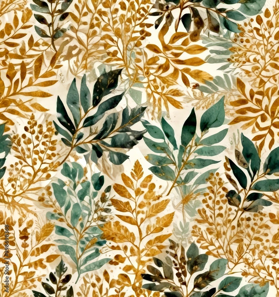 Poster a repeating pattern of leaves and branches in various shades of green, gold, and brown against a lig