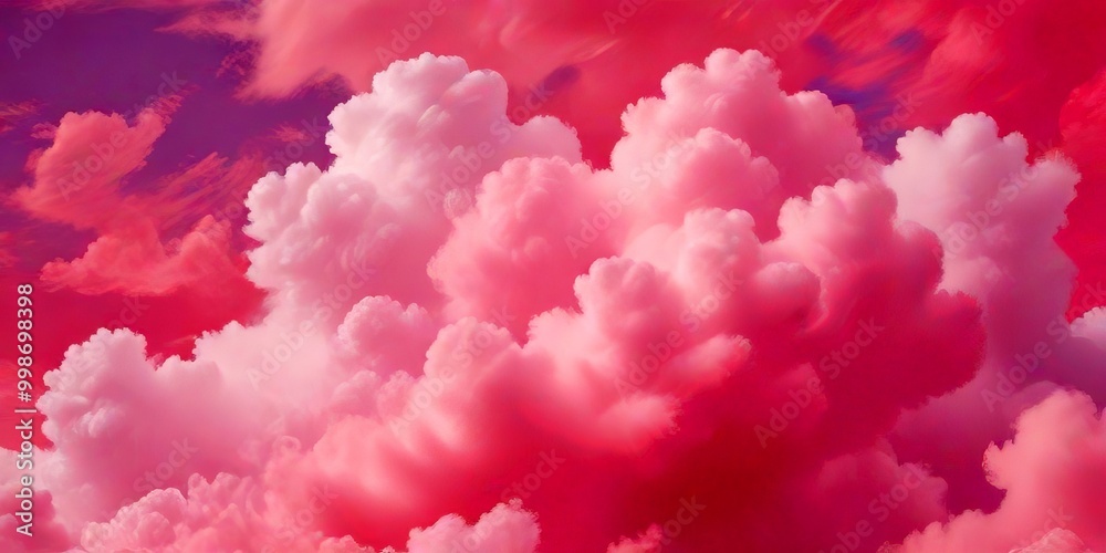Poster a serene sky filled with fluffy white clouds, painted in a soft pink hue The clouds are scattered across the frame, creating a sense of depth and vastness The sky