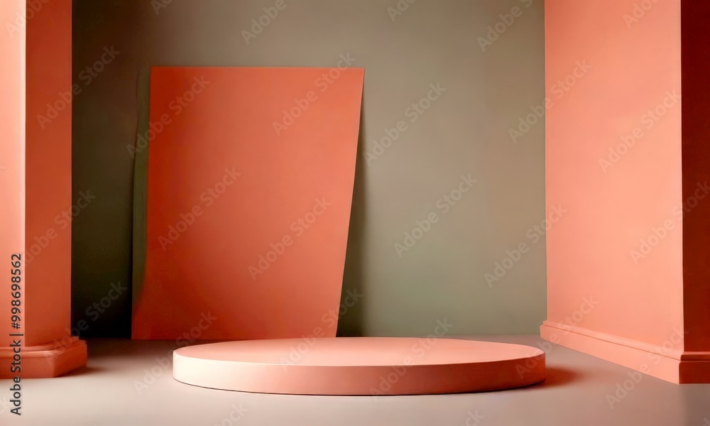 Poster A minimalist, geometric room with a round podium in the center, flanked by two columns on either side, and a light pink wall in the background