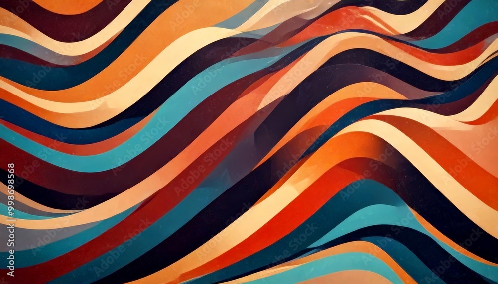 Poster a vibrant abstract pattern composed of overlapping curved lines in various shades of orange, blue, and green, creating a dynamic and visually striking composition