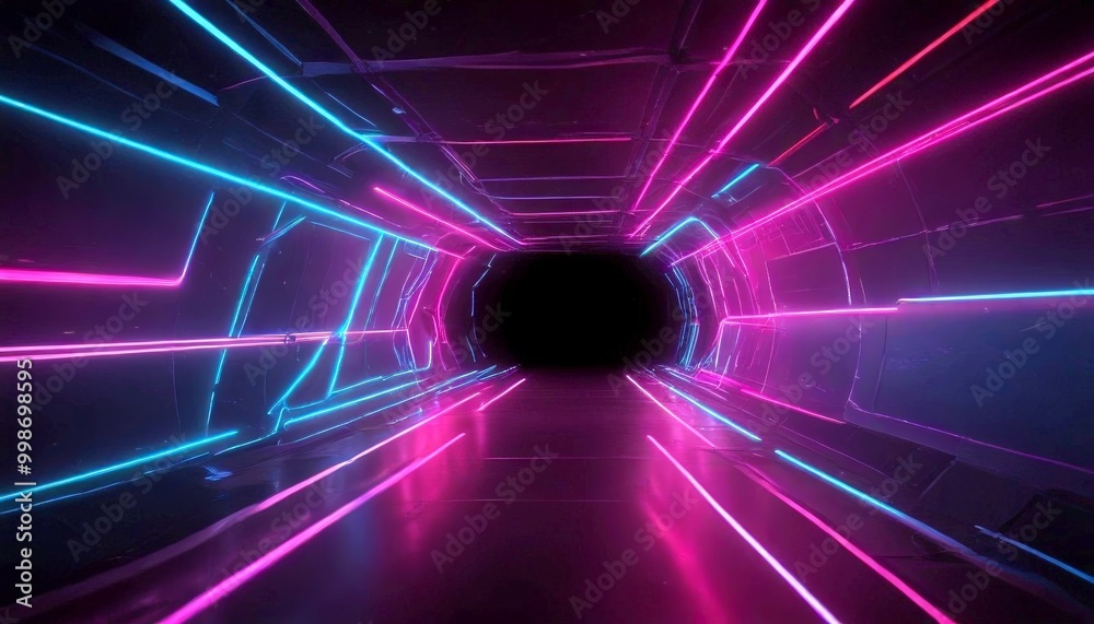 Poster a futuristic corridor with neon lights in shades of pink and blue, creating a tunnel-like effect and