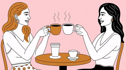Two women enjoy a vibrant coffee break together, raising their mugs in a warm, friendly gesture. The illustration captures the essence of socializing and connection over a cup of coffee. 