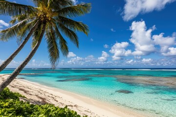 Tropical beach paradise with clear blue skies palm trees
