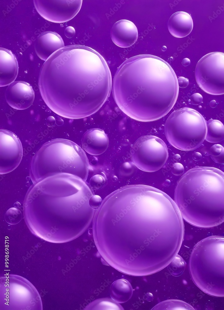 Poster a close-up view of numerous purple bubbles floating in a dark purple background