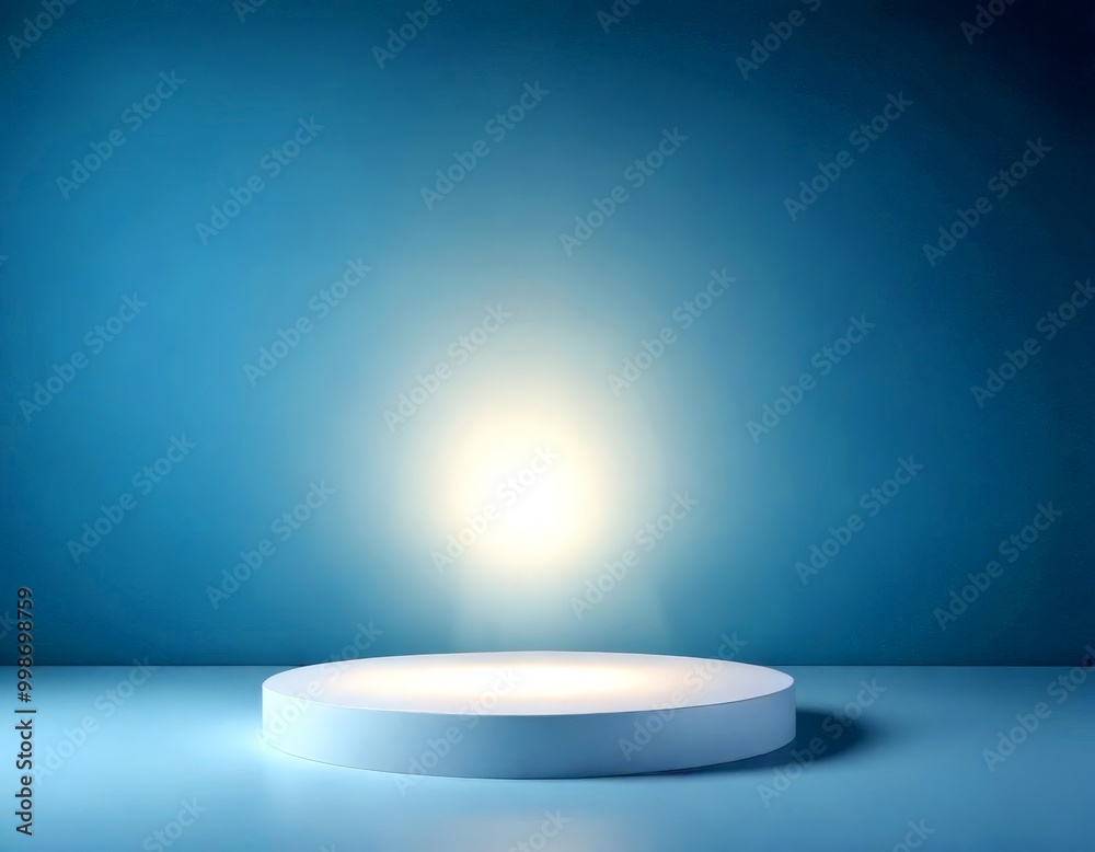 Poster a white podium stands alone in a blue room, bathed in a spotlight that casts a warm glow on its surf