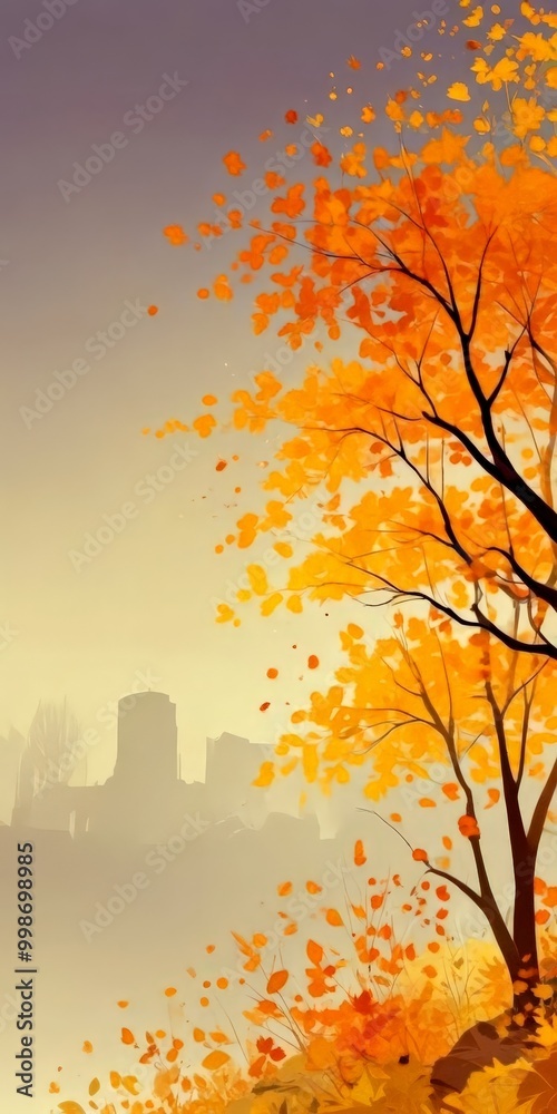 Poster a serene autumn scene with a tree in full bloom, its branches adorned with vibrant orange leaves, se