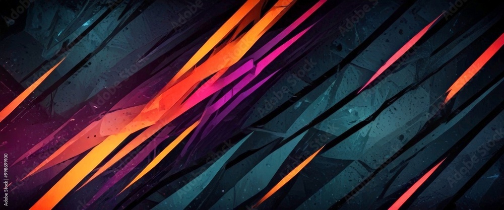Poster a dark background with diagonal lines of varying colors, including orange, pink, and purple, creating a dynamic and abstract visual effect