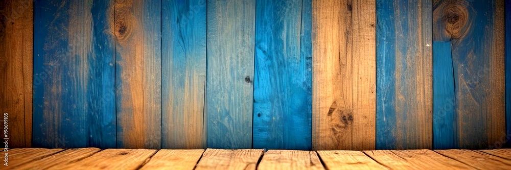 Poster a close-up view wooden wall with vertical planks in blue and brown hues, creating a textured and rus