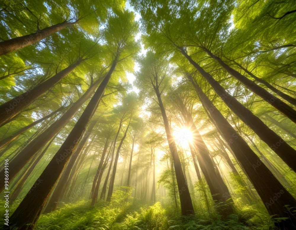 Poster a breathtaking forest scene unfolds from a low angle, with sunlight filtering through the dense cano