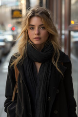 Fototapeta premium Pensive Young Woman in Stylish Black Outfit Walking Through Urban City Street