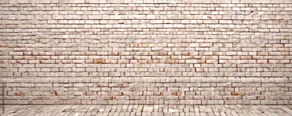 Poster a white brick wall with a pattern of small square bricks, set against a gray background