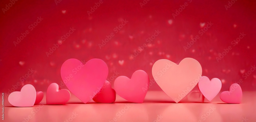 Aufkleber A row of pink paper hearts of various sizes is arranged on a pink background with a subtle sparkle effect