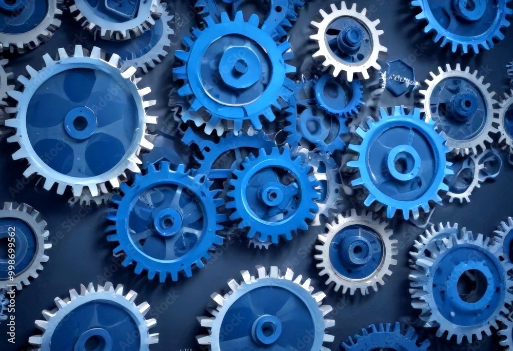 Poster A collection of blue gears and cogs arranged in a complex pattern against a dark background