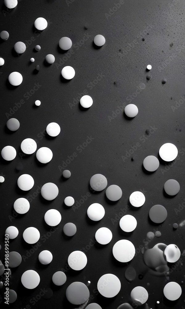 Poster A monochromatic featuring a collection of white and gray circles scattered across a dark background, creating a visually striking contrast