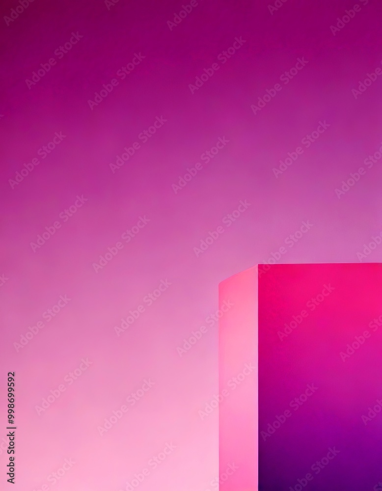 Fototapete a gradient background transitioning from a deep purple at the top to a lighter pink at the bottom, with a pink cube-shaped object positioned in the bottom right corner
