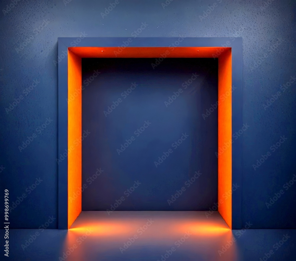 Aufkleber an empty room with a dark blue wall and a bright orange archway, illuminated by a single light sourc