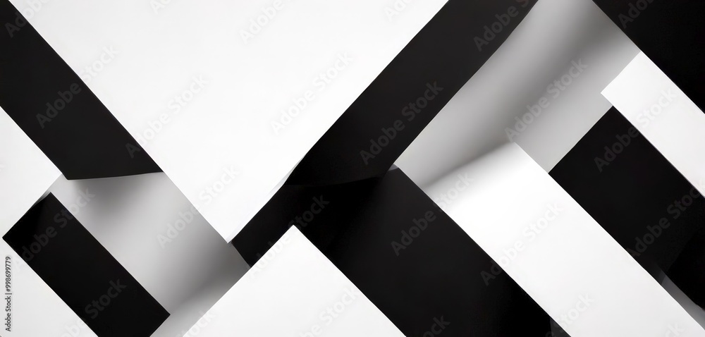 Poster a black and white abstract composition featuring intersecting diagonal lines and rectangles, creating a sense of depth and complexity