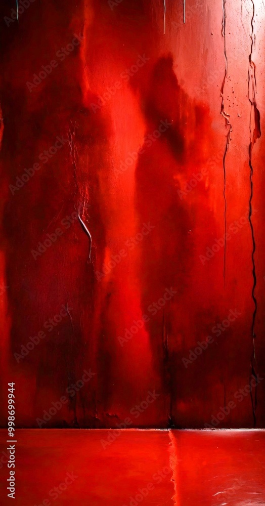 Poster a dark, moody scene with a red-tinted, dripping wall in the background, creating a sense of mystery and intrigue