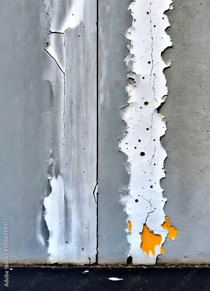 Poster a close-up weathered concrete wall with a vertical crack running through it, and a yellow paint stri