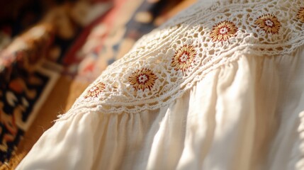 Intricate lace cuffs on traditional russian peasant dress for textile design