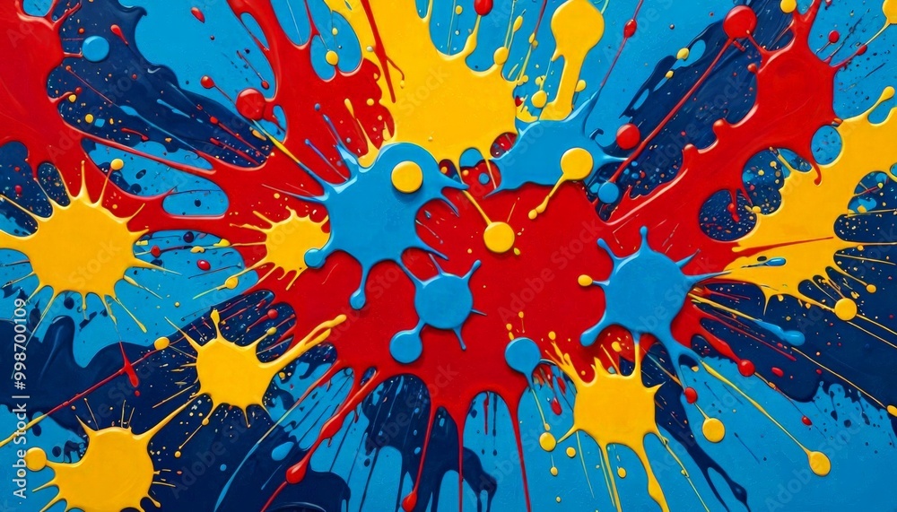 Poster a vibrant abstract painting with splashes of red, yellow, and blue paint, creating a dynamic and ene