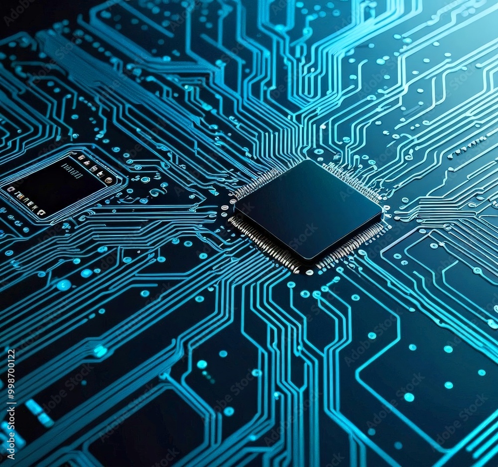 Poster a close-up view circuit board with a central processor chip surrounded by a complex network of interconnected blue and black lines and traces
