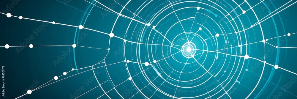 Poster a digital illustration network of interconnected lines and dots, creating a complex web-like pattern The lines and dots are arranged in a radial