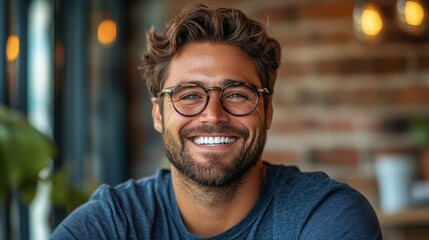 Fototapeta premium Cheerful Man with Glasses Smiling in a Café Setting