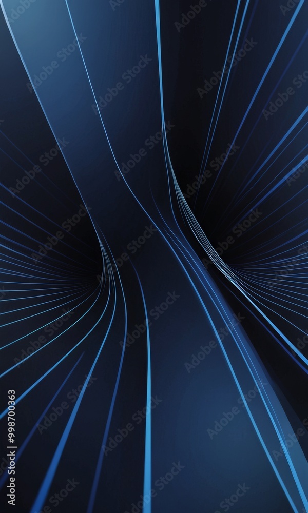 Poster a dark blue abstract background with a series of curved lines and thin blue lines radiating outwards, creating a sense of depth and movement.