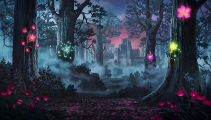Fototapeta premium Ethereal Forest Dreams: Glowing Flora and Shrouded Mysteries.ai generated