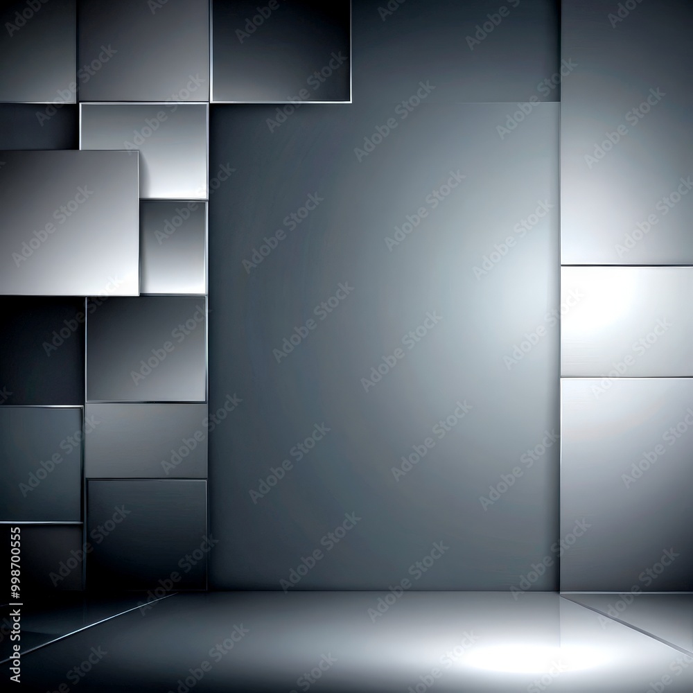 Poster a minimalist, geometric design featuring a grid of square tiles in varying shades of gray, with a ce