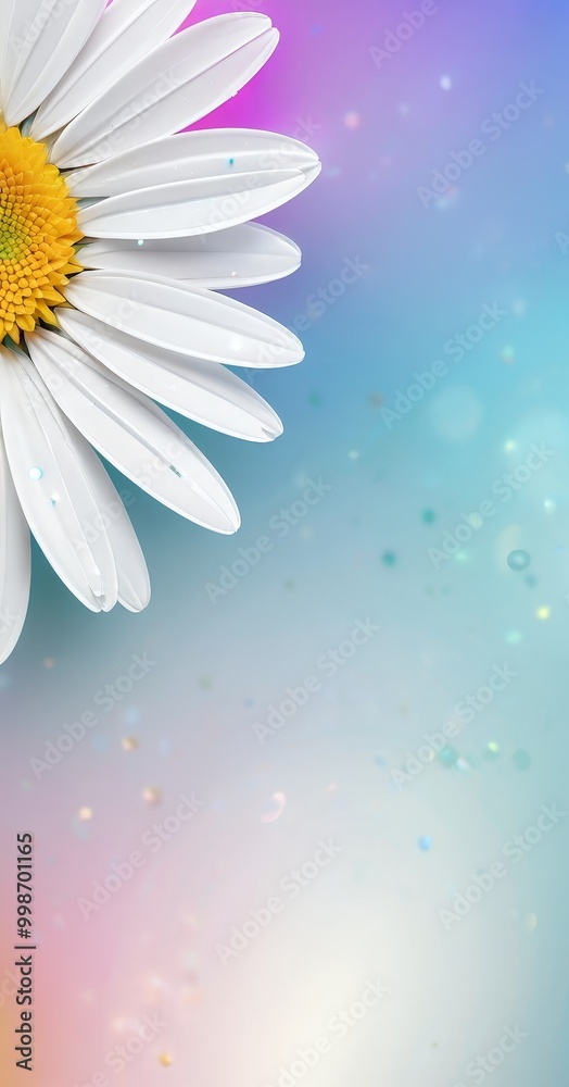 Poster a close-up white daisy with a yellow center is displayed against a colorful gradient background