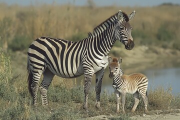 Obraz premium Zebra Mother and Foal in African Savannah