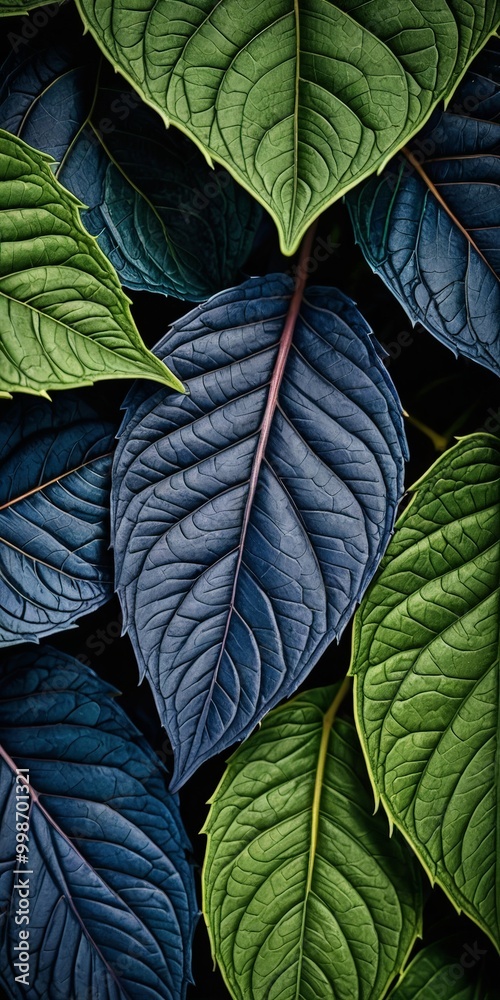 Aufkleber A close-up view cluster of leaves with a mix of green, blue, and purple hues, creating a visually striking and textured composition
