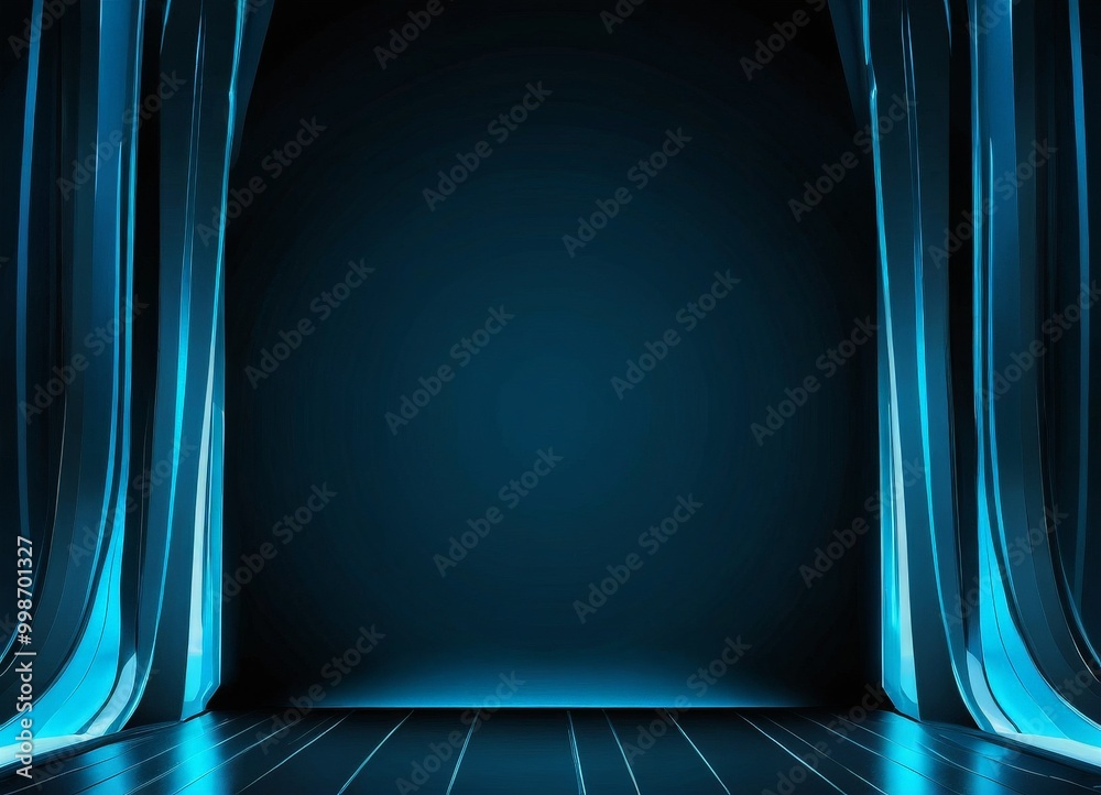 Poster a dark blue background with a curved, glowing blue curtain on either side, creating a sense of depth