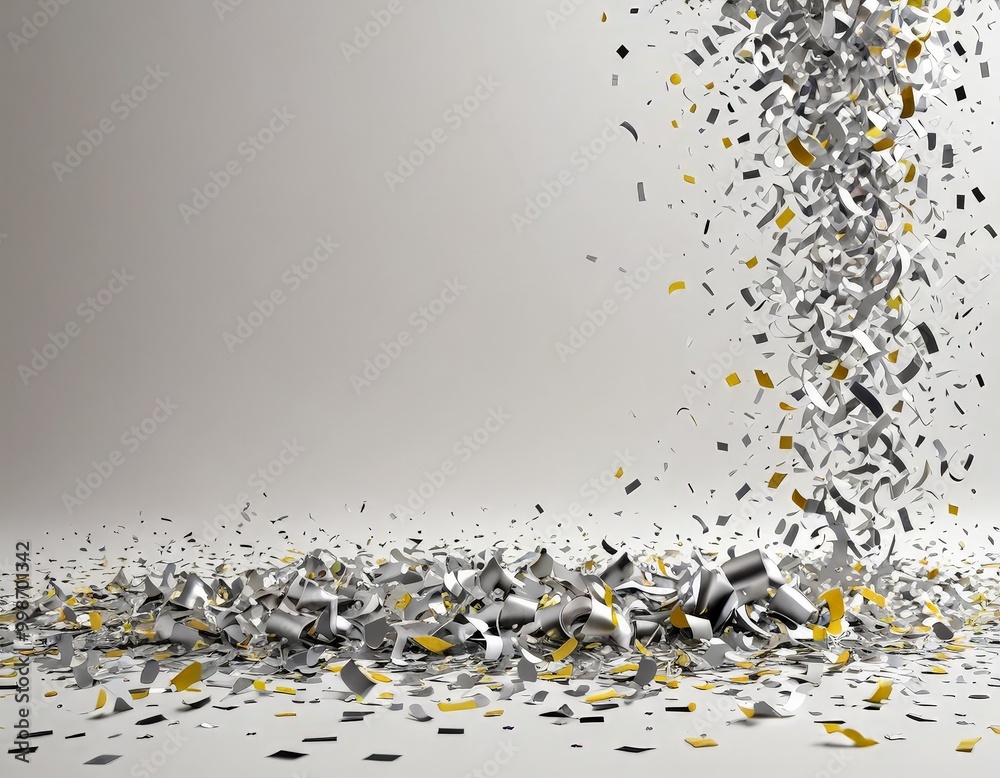 Poster a shower of metallic confetti in shades of silver and gold cascades down, creating a dynamic and vis