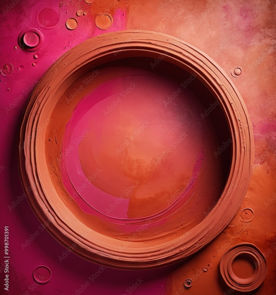 Poster a circular, abstract design with a vibrant pink and orange color scheme The design is composed of various shapes and textures, including a large, central circle, smaller
