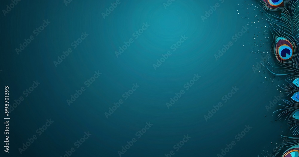 Poster a vibrant blue gradient background with a decorative border of peacock feathers on the right side