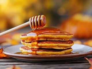 Delicious pumpkin pancakes with honey on a colorful background