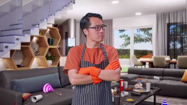 Offended Asian Male Housekeeper With An Apron Crossing His Arms And Looking Around While Standing In House