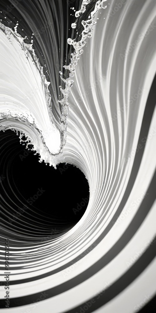 Poster a striking black and white photograph wave, captured from a low angle The wave's crest is in sharp focus, while the water below is blurred, creating a sense