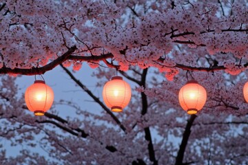 Twilight cherry blossoms with glowing lanterns