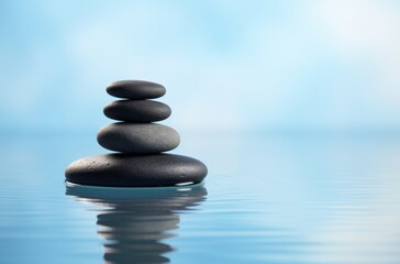 Obraz premium Balanced stack of black pebbles creating the illusion of circles in calm water, set against a light blue and white background with ripples.