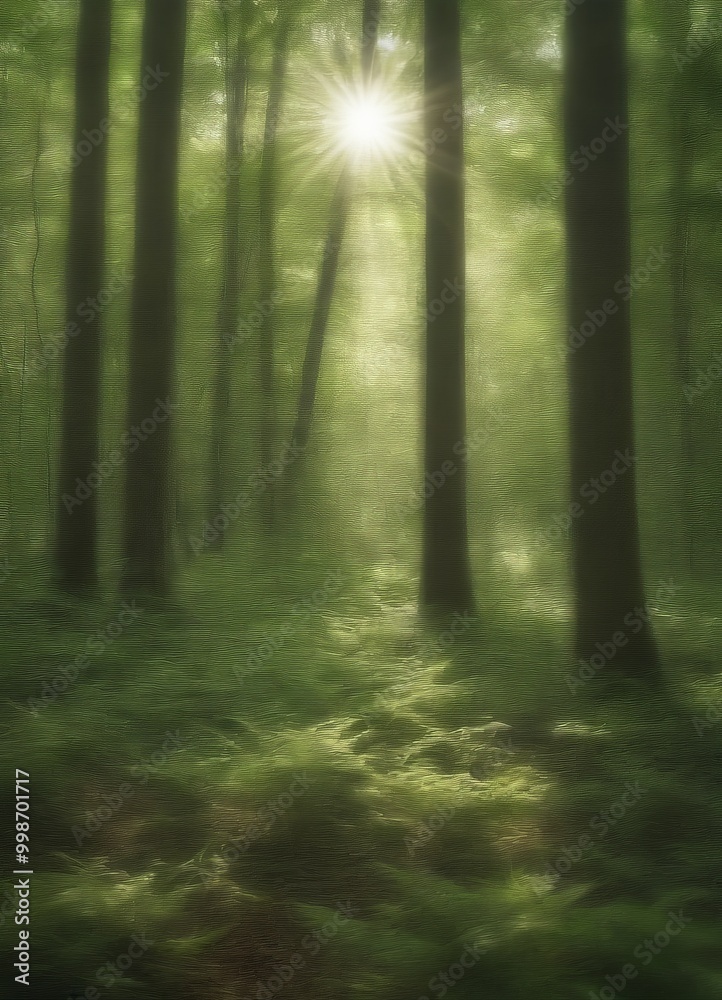 Poster A serene forest scene with sunlight filtering through the trees, creating a soft, ethereal glow