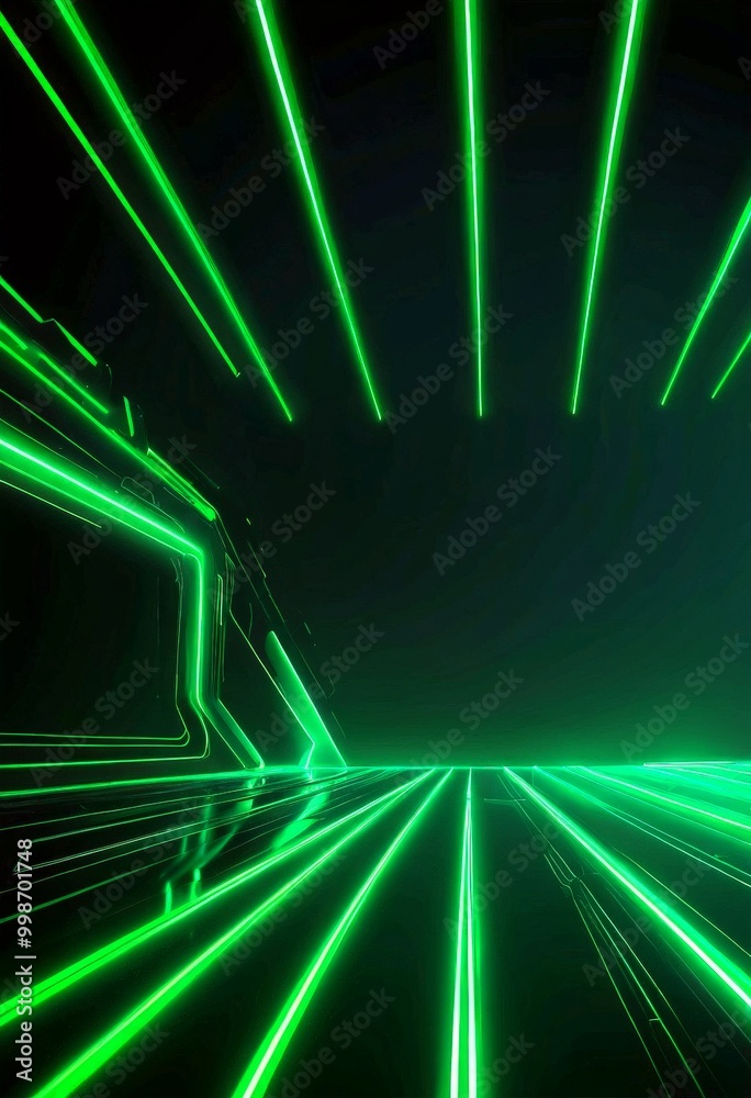 Poster A futuristic, neon-lit corridor with a geometric pattern of intersecting lines, creating a sense of depth and movement