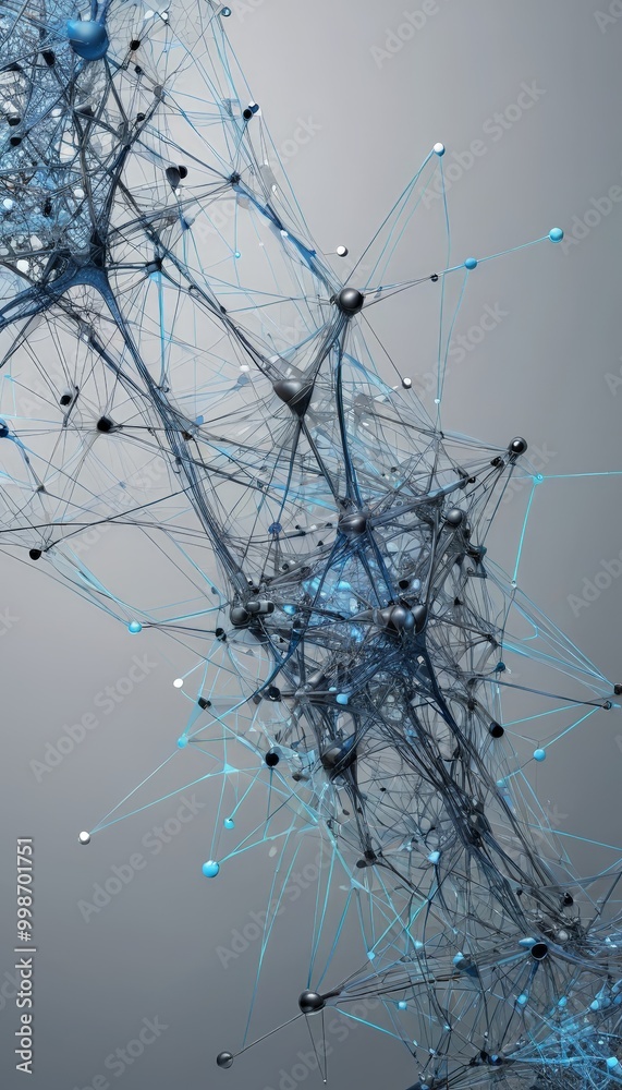 Poster a complex network of interconnected lines and spheres, in shades of blue and gray, creating a visually striking abstract pattern