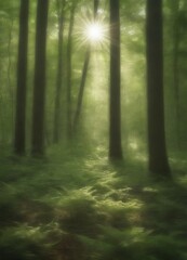 Obraz premium A serene forest scene with sunlight filtering through the trees, creating a soft, ethereal glow