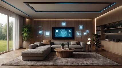 Modern Smart living room interior with innovative technology maintaining connections.