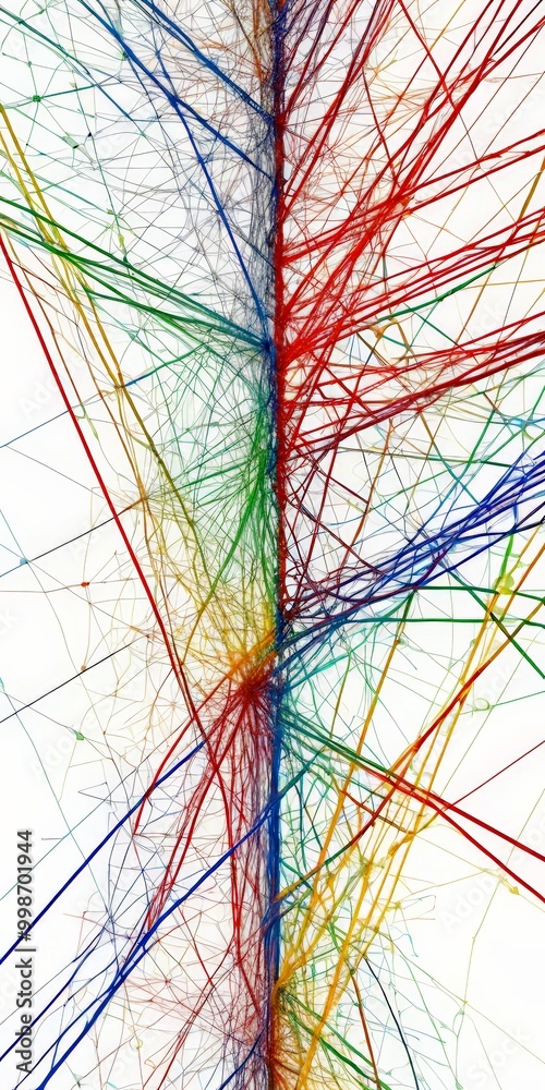Poster a digital illustration featuring a complex network of intersecting lines and colors, creating a visually striking abstract pattern