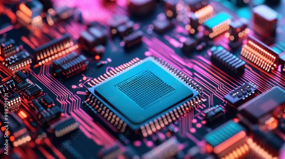 Poster close-up of a colorful circuit board with cpu chips and intricate wiring, representing data flow and